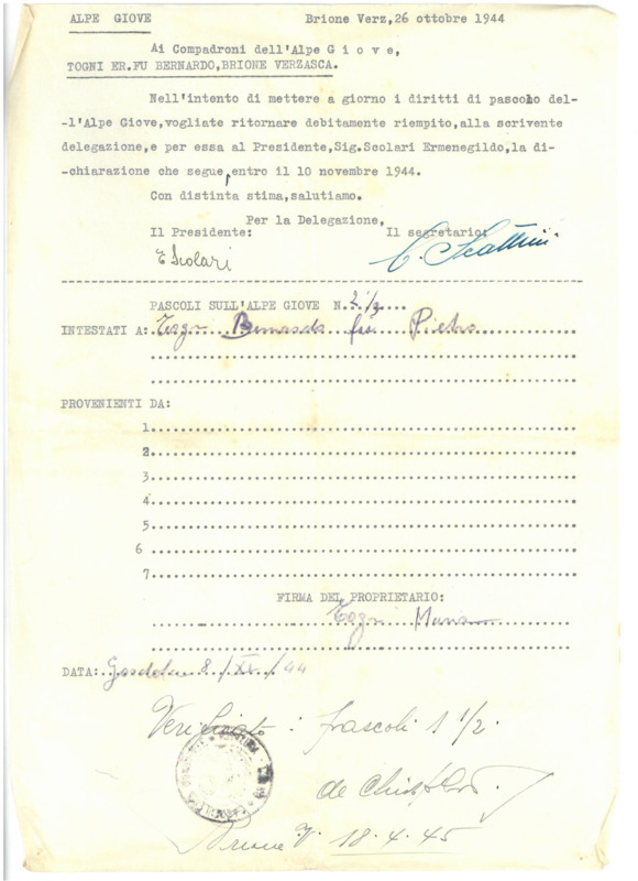Nell’intento di mettere a giorno i diritti di pascolo  Togni er. fu Bernardo