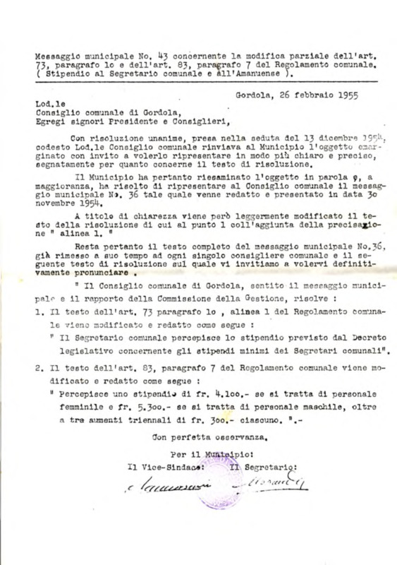 Gordola : Messaggio municipale Nro. 43