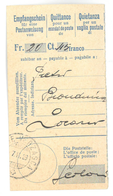 Quietanza per un vaglia postale