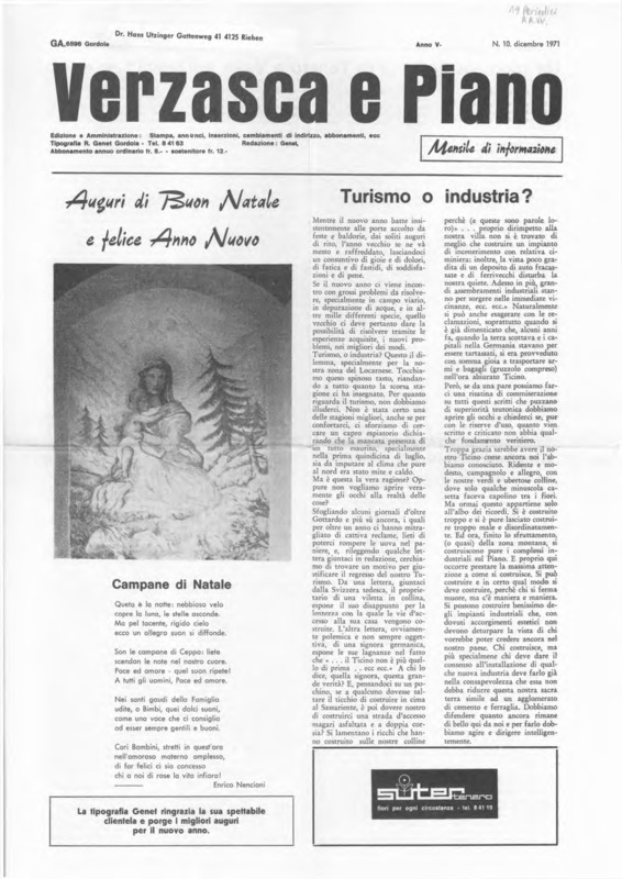 Verzasca e Piano : mensile di informazione, anno V, n. 10, dicembre 1971