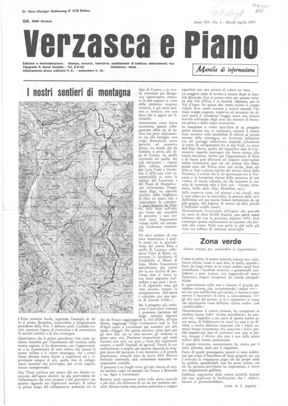 Verzasca e Piano : mensile di informazione, anno VII, n. 03,  marzo aprile 1973