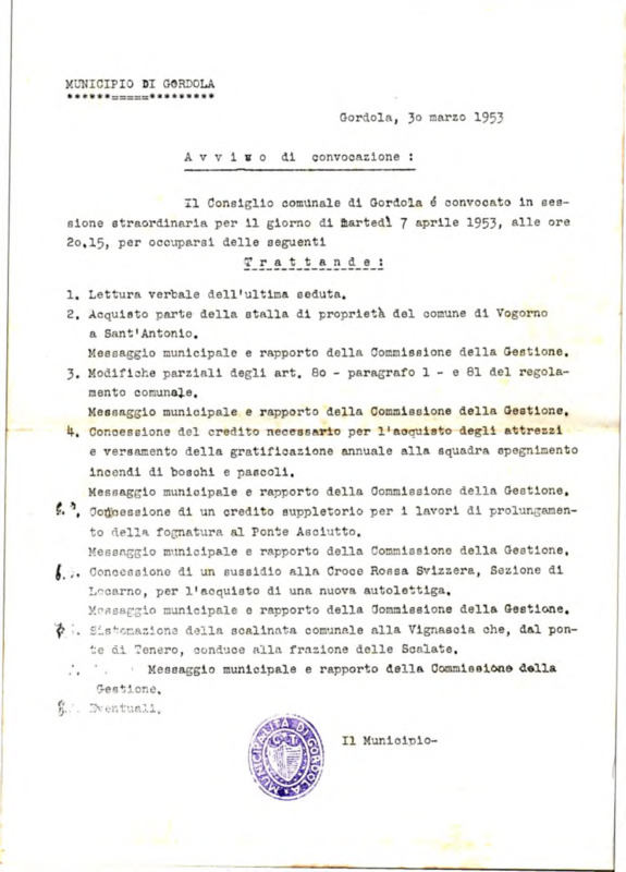 Gordola : Avviso di convocazione