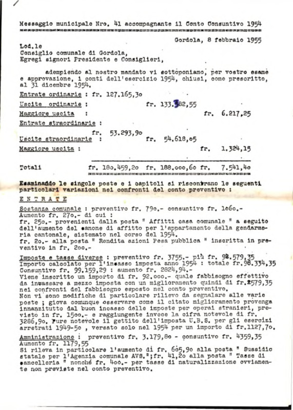 Gordola : Messaggio municipale Nro. 41