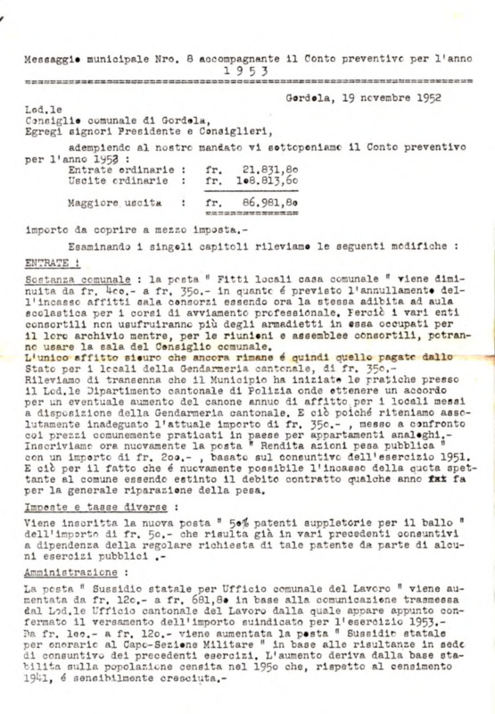 Gordola : Messaggio municipale Nro. 8
