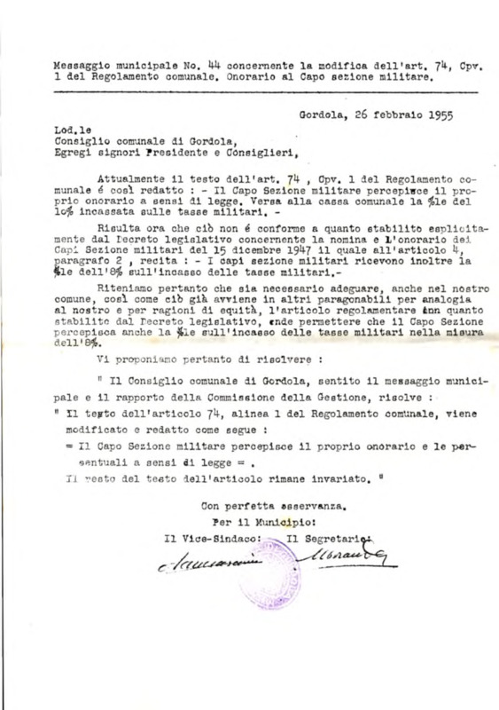 Gordola : Messaggio municipale Nro. 44