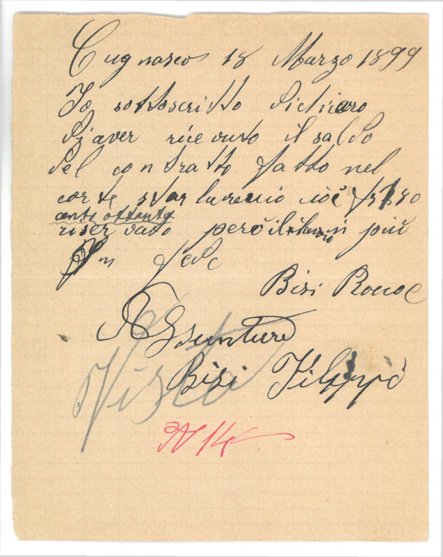 Ricevuta per lavori Rocco e Filippo Bisi