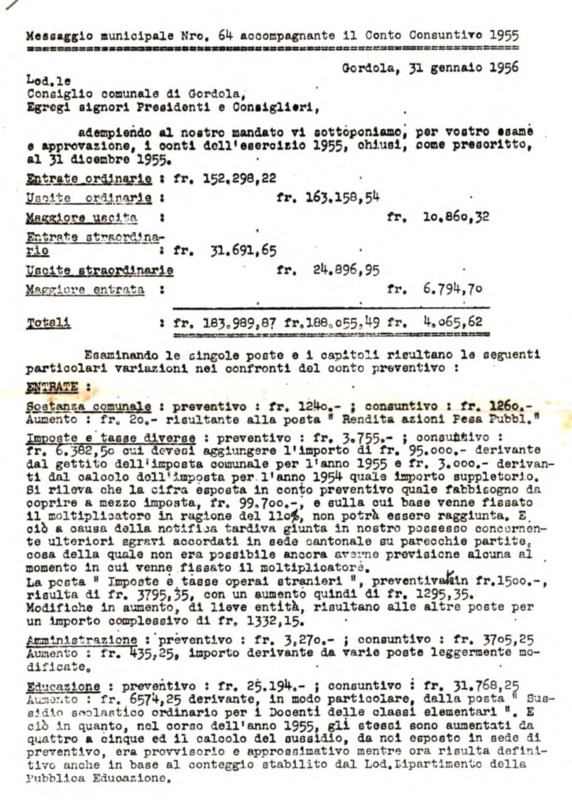 Gordola : Messaggio municipale Nro. 64