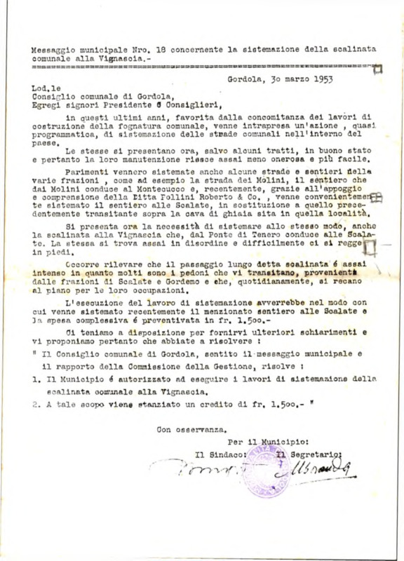 Gordola : Messaggio municipale Nro. 18