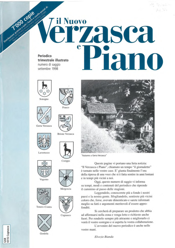 Il Nuovo Verzasca e Piano : periodico trimestrale illustrato, n. 0, numero di saggio, settembre 1998