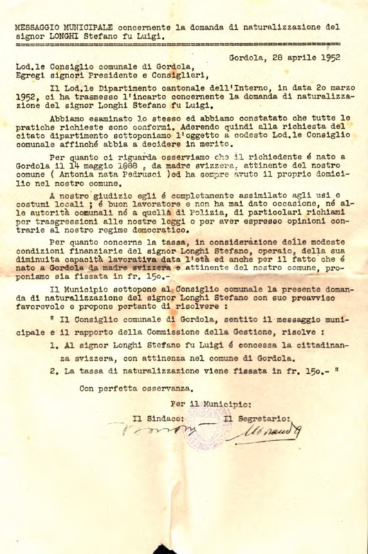 Gordola : Messaggio municipale 28 aprile 1952