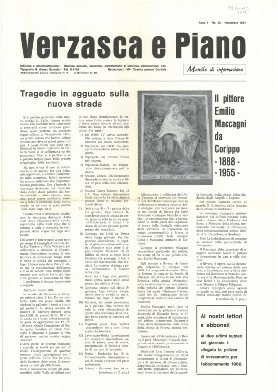 Verzasca e Piano : mensile di informazione, anno I, n. 10,  novembre 1967