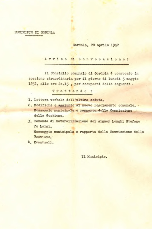 Gordola : Avviso di convocazione