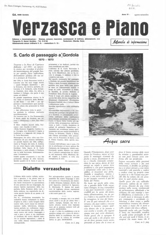 Verzasca e Piano : mensile di informazione, anno IV, n. 08,  agosto settembre 1970
