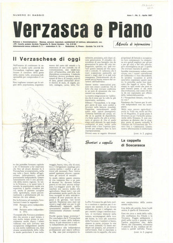 Verzasca e Piano : mensile di informazione, anno I, n. 03,  marzo 1967