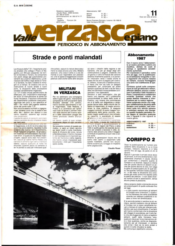 Valle Verzasca e Piano : periodico in abbonamento, n. 11 - Anno II, Novembre 1986