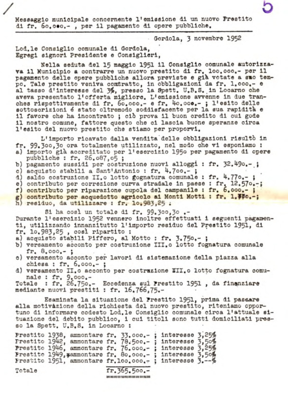 Gordola : Messaggio municipale 3-11-1952