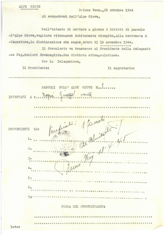 Nell’intento di mettere a giorno i diritti di pascolo Giuseppe Togni Vaneta