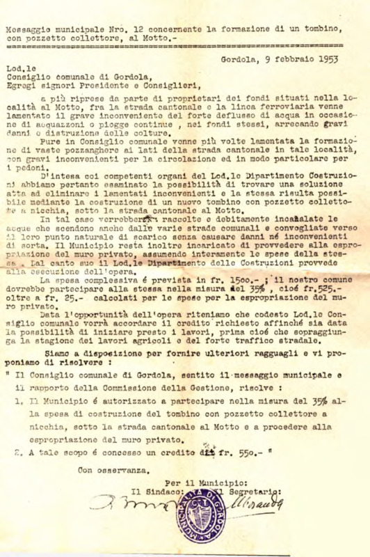Gordola : Messaggio municipale Nro. 12