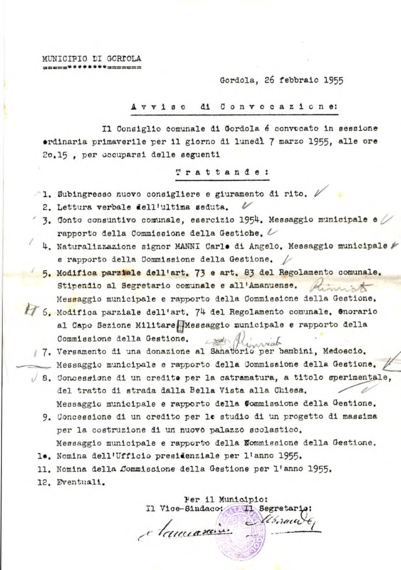 Gordola : Avviso di convocazione