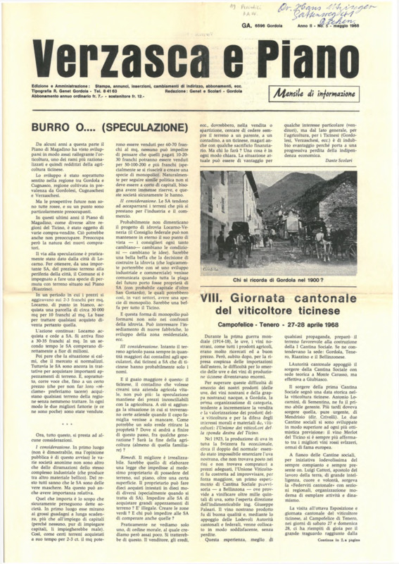Verzasca e Piano : mensile di informazione, anno II, n. 05,  maggio 1968