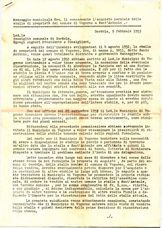 Gordola : Messaggio municipale Nro. 11