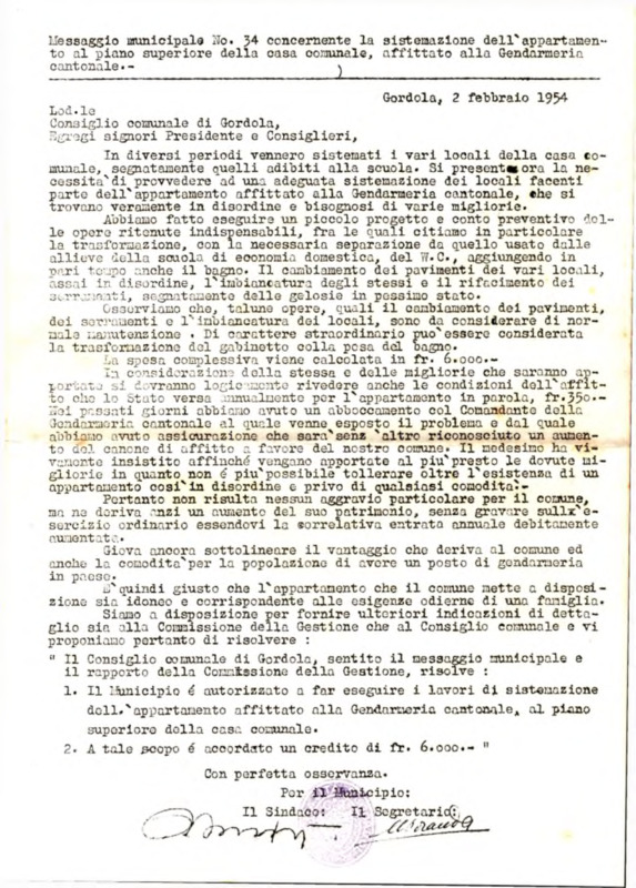Gordola : Messaggio municipale Nro. 34