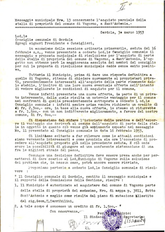 Gordola : Messaggio municipale Nro. 13