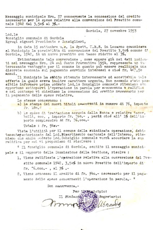Gordola : Messaggio municipale Nro. 27