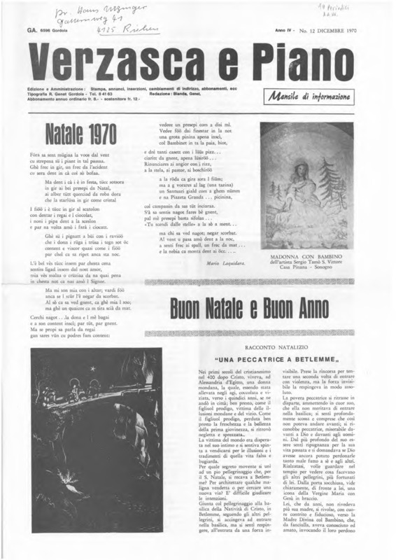 Verzasca e Piano : mensile di informazione, anno IV, n. 12, dicembre 1970