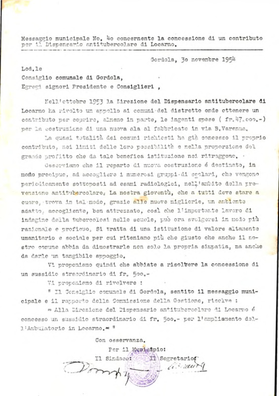 Gordola : Messaggio municipale Nro. 40