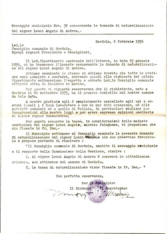 Gordola : Messaggio municipale Nro. 32