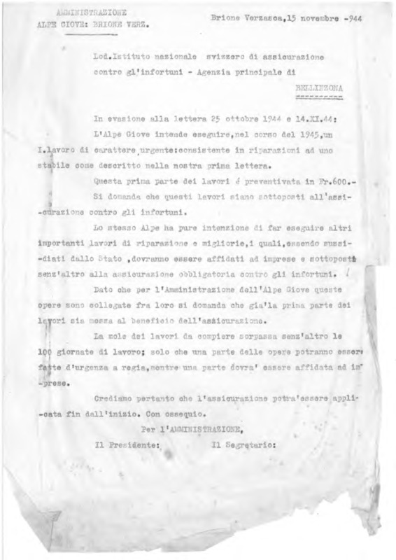 L’Alpe Giove intende eseguire, nel corso del 1945, un I. lavoro di carattere urgente