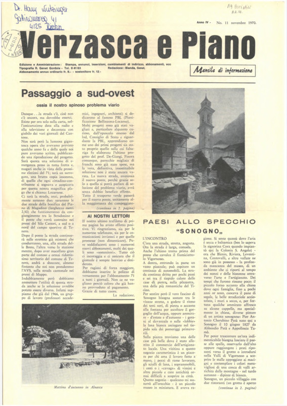 Verzasca e Piano : mensile di informazione, anno IV, n. 11, novembre 1970