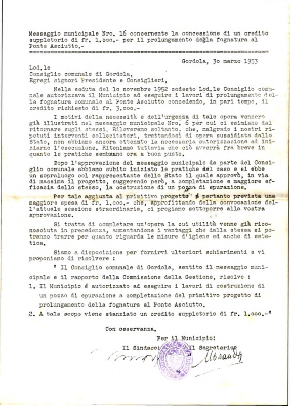 Gordola : Messaggio municipale Nro. 16