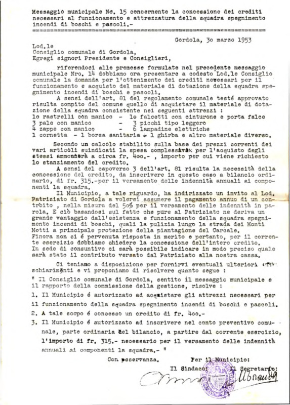 Gordola : Messaggio municipale Nro. 15