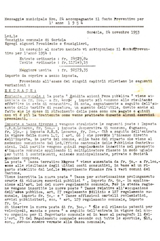 Gordola : Messaggio municipale Nro. 24