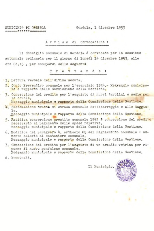 Gordola : Avviso di convocazione