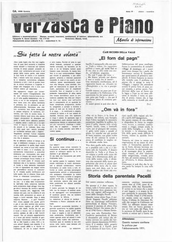 Verzasca e Piano : mensile di informazione, anno IV, n. 10, ottobre novembre 1970