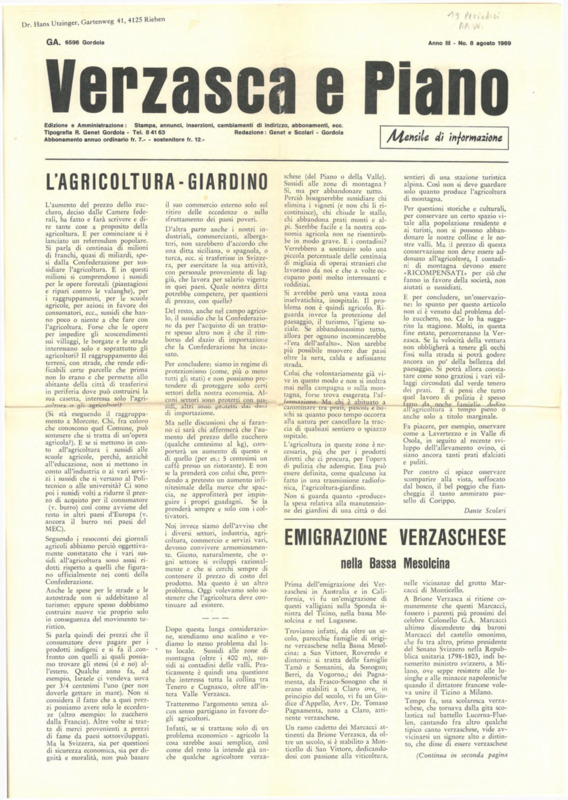 Verzasca e Piano : mensile di informazione, anno III, n. 08, agosto 1969