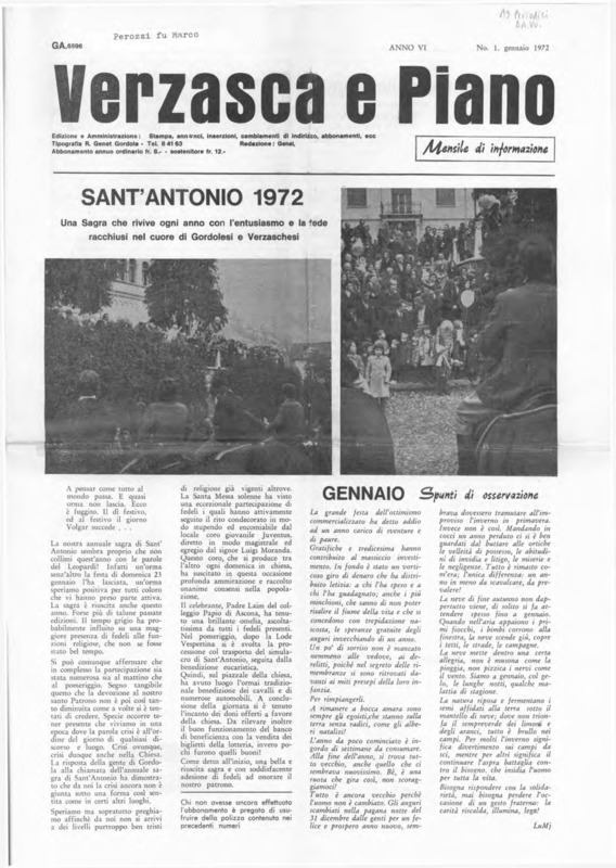 Verzasca e Piano : mensile di informazione, anno VI, n. 01,  gennaio 1972