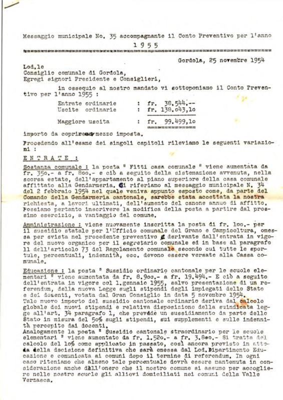 Gordola : Messaggio municipale Nro. 35