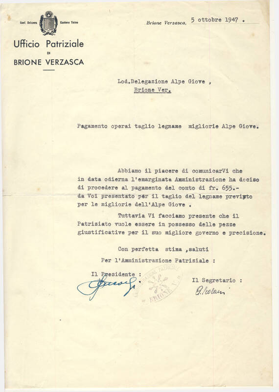 Pagamento operai taglio legname migliorie Alpe Giove