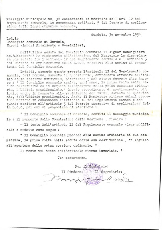 Gordola : Messaggio municipale Nro. 38