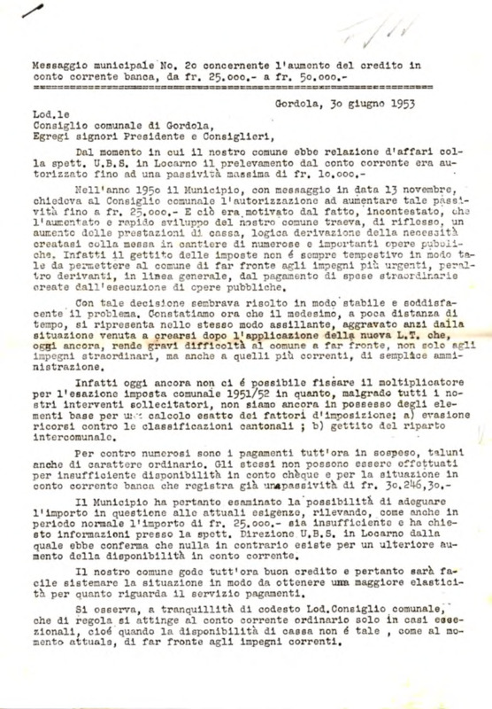 Gordola : Messaggio municipale Nro. 20