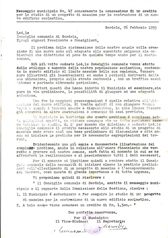 Gordola : Messaggio municipale Nro. 47
