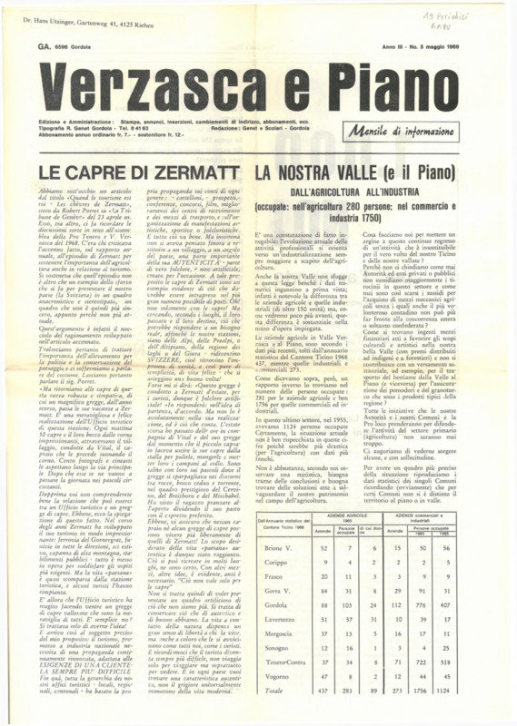 Verzasca e Piano : mensile di informazione, anno III, n. 05, maggio 1969