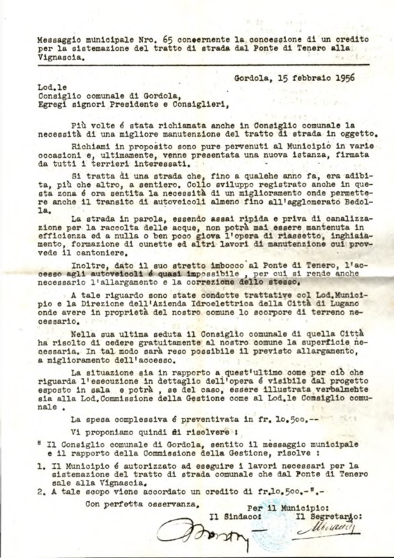 Gordola : Messaggio municipale Nro. 65