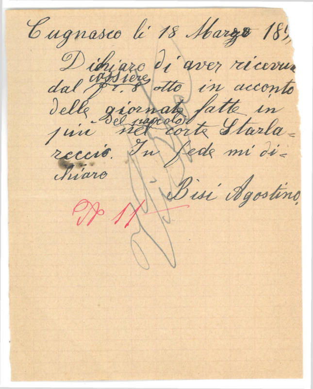 Ricevuta per lavori Agostino Bisi