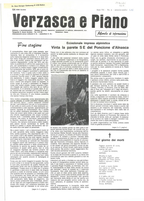 Verzasca e Piano : mensile di informazione, anno VII, n. 06,  settembre ottobre 1973