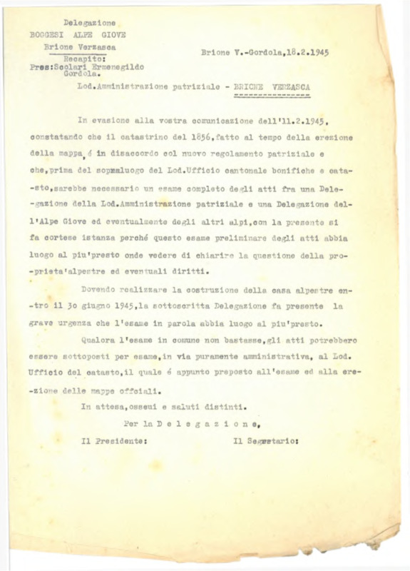 In evasione alla vostra comunicazione dell’11.2.1945